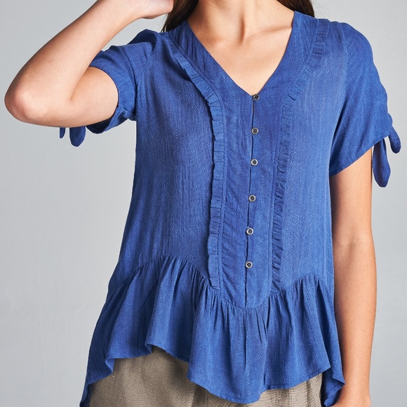 Navy Ruffle Button-Front Top - Picture 3 of 6